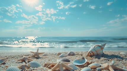 Seashells and starfish scattered on a sunny beach with ocean waves in the background.