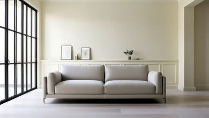 Minimalist living room interior with beige sofa, window, and framed art.