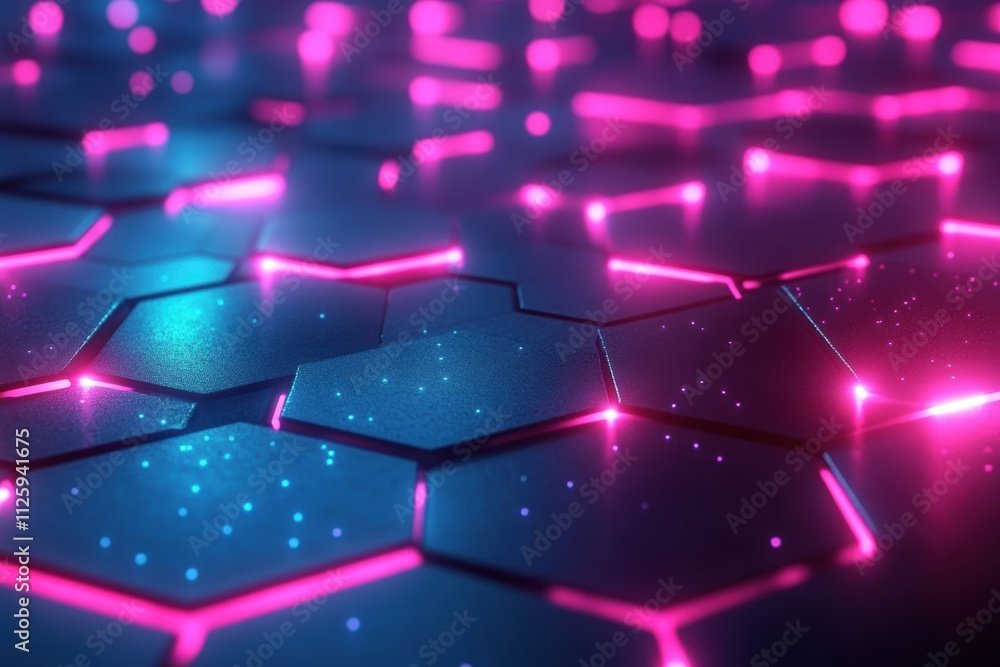 Poster abstract hexagonal pattern with glowing neon lights and starry effects.