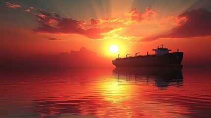 Fototapeta premium A serene sunset over calm waters with a silhouette of a ship reflecting the golden light.