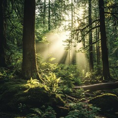 Obraz premium sunlight filtering through trees in a lush forest