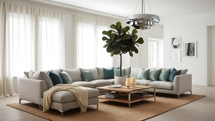 Fototapeta premium Modern living room with sectional sofa, large plant, and stylish decor.