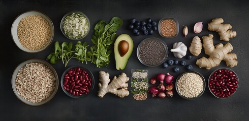 Healthy food ingredients, quinoa, rice, beans, blueberries, avocado, ginger, garlic, and greens.
