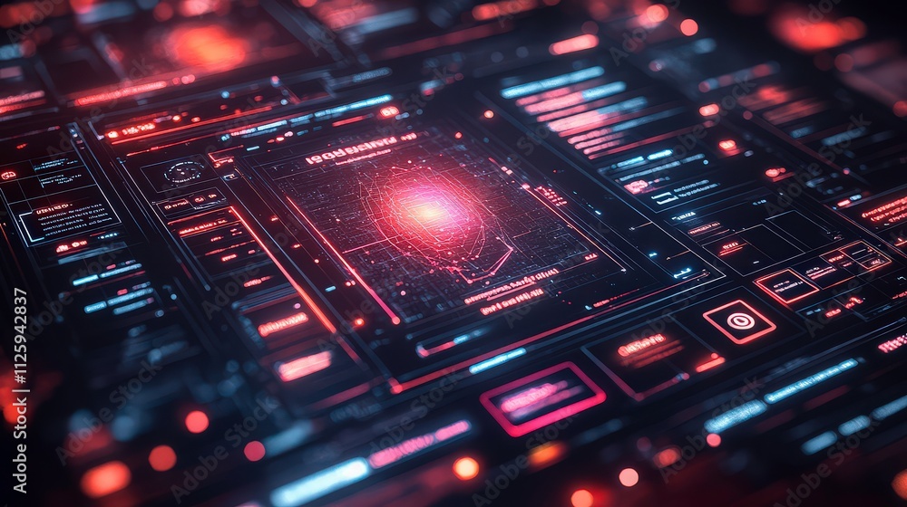Poster futuristic abstract data visualization with bright red and blue graphics suitable for technology, di
