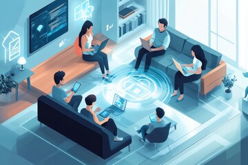 A family sitting together in a living room, with each member using different devices (smartphones, tablets, laptops), while a virtual security shield surrounds them to protect their online activities.