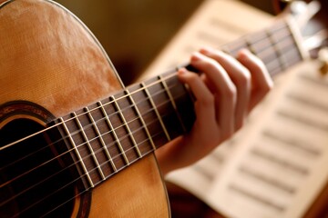 Fototapeta premium A close-up of a hand playing an acoustic guitar, with sheet music softly blurred in the background, capturing the essence of music and artistry.