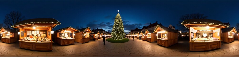 360 degree photo, Christmas Market at Night, 360 degree image.