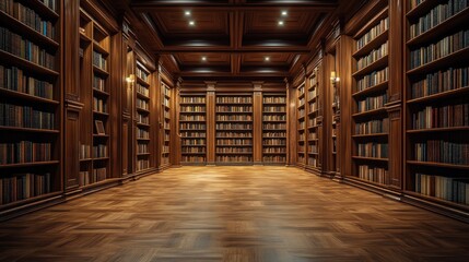 Obraz premium Grand, opulent library interior with wooden bookshelves and floor.