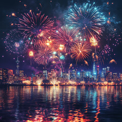 Fototapeta na wymiar fireworks display illuminates city skyline, creating festive atmosphere