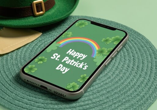 St. Patrick's Day Greetings on Smartphone with Rainbow and Shamrocks