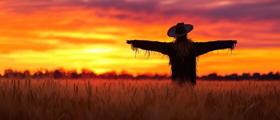 scarecrow silhouette against a vibrant sunset
