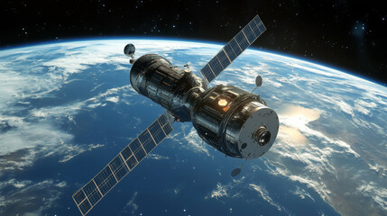 Obraz premium stunning space station orbits Earth, showcasing advanced technology and beauty