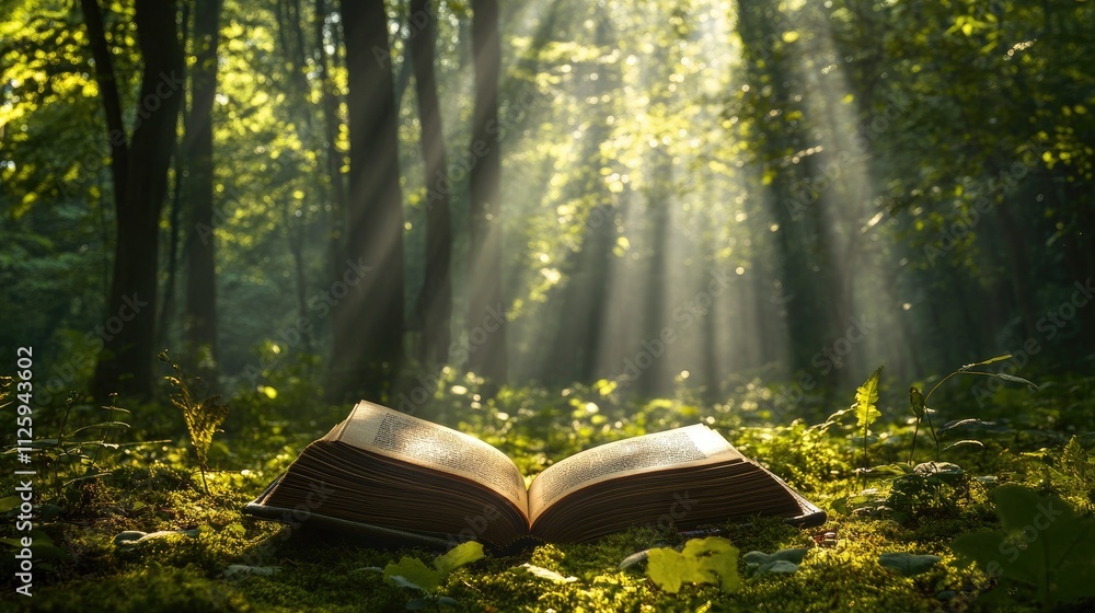 Poster a book on the forest floor with sunlight streaming through the trees, creating a peaceful atmosphere