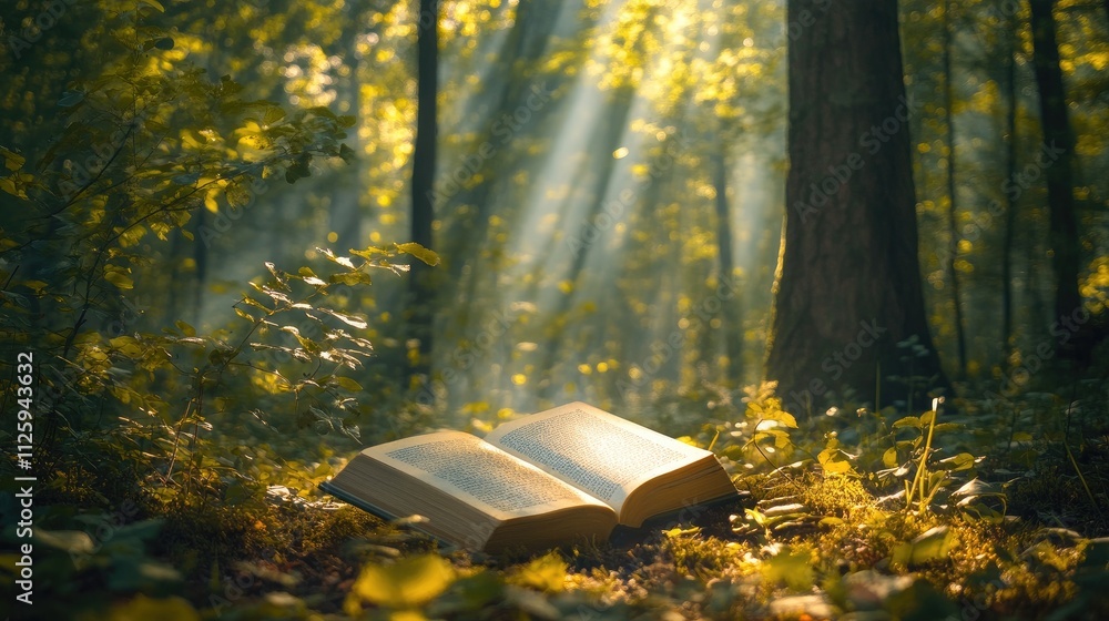Poster a book on the forest floor with sunlight streaming through the trees, creating a peaceful atmosphere