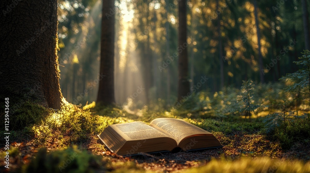 Poster a book on the forest floor with sunlight streaming through the trees, creating a peaceful atmosphere