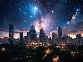 Obraz premium Nighttime city skyline with vibrant skyscrapers urban life and cosmic wonders above – a stunning view of architectural beauty and celestial splendor