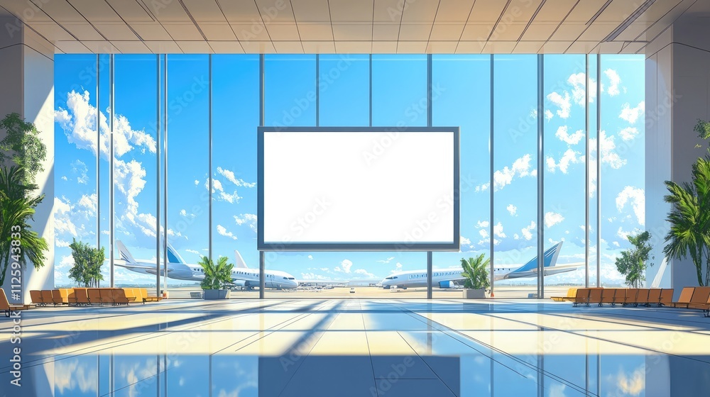 Poster a bright and spacious airport terminal with a blank digital screen, showcasing planes through panora