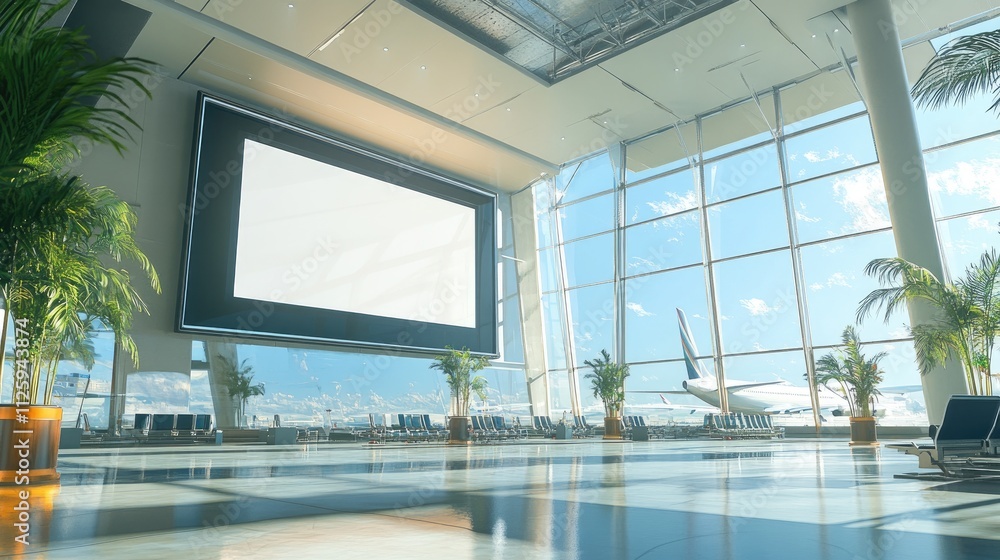 Poster a bright and spacious airport terminal with a blank digital screen, showcasing planes through panora