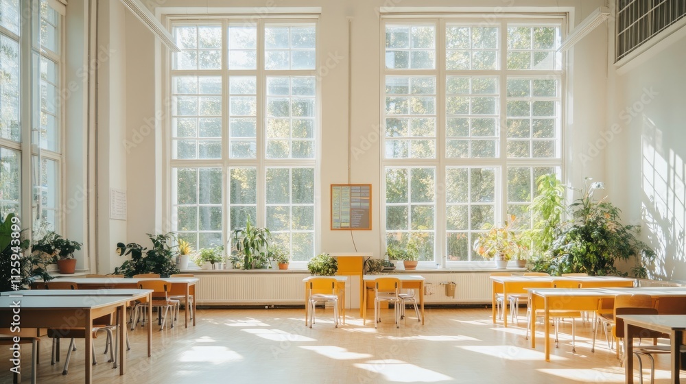 Poster a bright and spacious modern classroom with large windows, clean desks, and an open, inviting atmosp