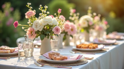 Close-up of an elegant spring bridal shower table adorned with pastel colors and floral arrangements, creating a cheerful and inviting atmosphere for the celebration of the bride-to-be