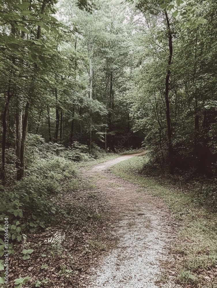 Poster forest pathway meanders through green vegetation, inviting exploration deep into the tranquil woods 