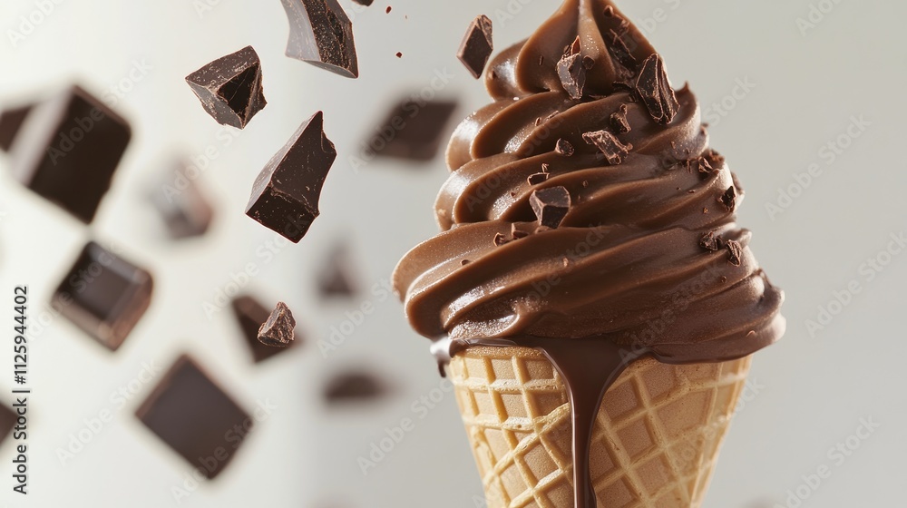 Aufkleber A chocolate ice cream cone with icing dripping down and chocolate chunks falling into it, creating a delightful dessert scene.