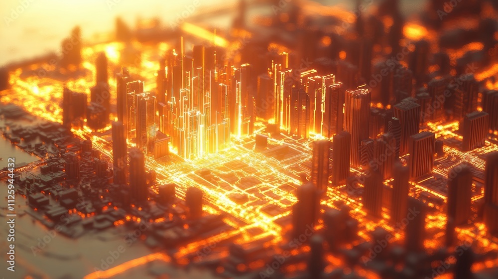 Poster A city glowing with data streams, representing the fast-moving and interconnected nature of a modern, digital metropolis.