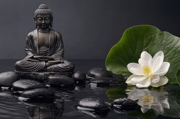 A Buddha statue meditating in a lotus pose, surrounded by black rocks and green leaves with water ripples