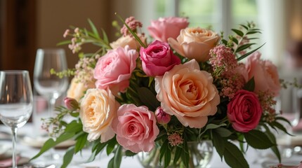 Close-up of an exquisite floral centerpiece with colorful roses and peonies in a glass vase, creating a vibrant and inviting atmosphere for a wedding or special event