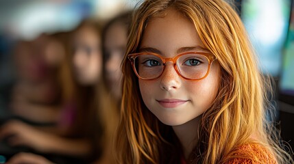 Young girl with red hair and glasses focused on computer screen in a classroom setting, showcasing technology use and learning in education environment