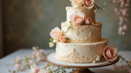 Close-up of a stunning wedding cake with multiple tiers, decorated with fresh flowers and elegant lace, showcasing the artistry and beauty of wedding desserts, perfect for any celebration