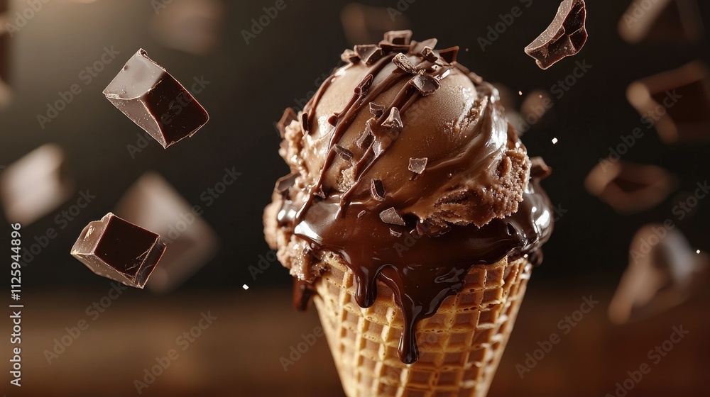 Poster a close-up of a chocolate ice cream cone with creamy icing dripping down and chocolate pieces fallin