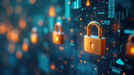 Security and wealth management visual with 3D locks and financial symbols in the background sharp focus