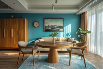 Fototapeta premium Modern living room with teal walls, wooden furniture, and large artwork. Perfect for interior design, home decor, and real estate websites.