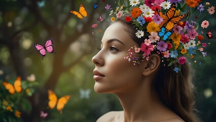 The usage of generative AI, the human mind with flowers and butterflies blossoming from a tree, positive thinking, creativity, self-care, and mental wellness
