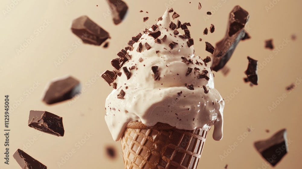 Poster a close-up of a chocolate ice cream cone with creamy icing dripping down and chocolate pieces fallin