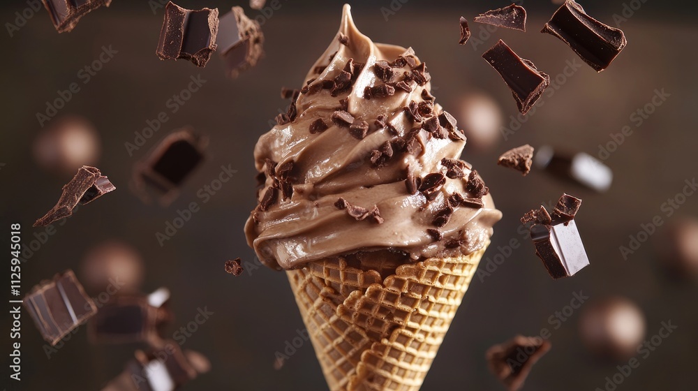 Aufkleber a close-up of a chocolate ice cream cone with icing cascading over and falling into chocolate pieces