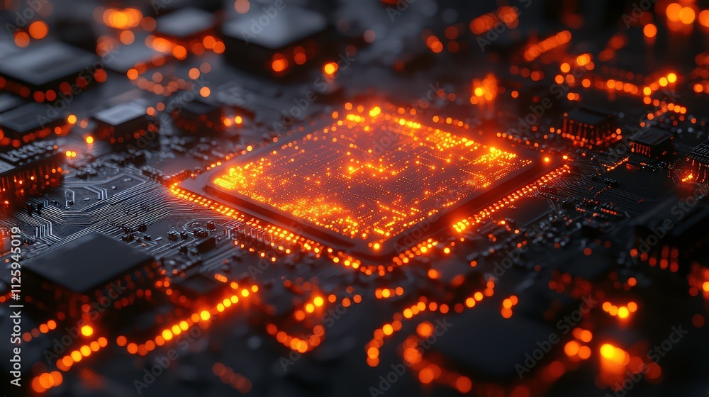 Poster abstract close-up view of a glowing circuit board with intricate patterns, illuminated components, a
