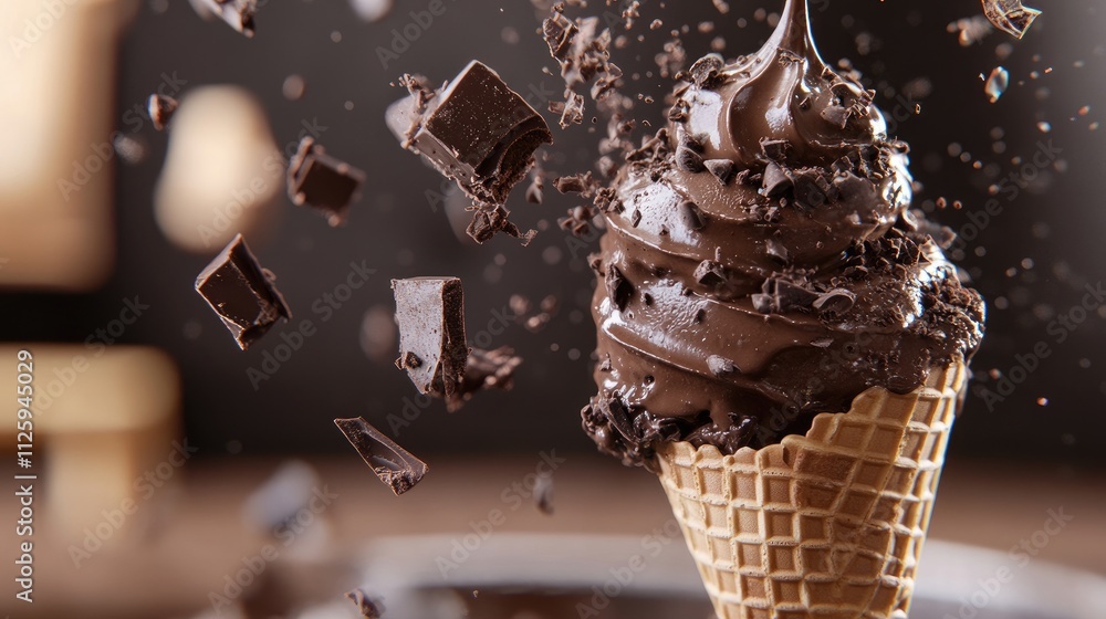 Poster a close-up of a chocolate ice cream cone with icing cascading over and falling into chocolate pieces