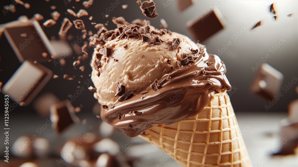 Aufkleber a close-up of a chocolate ice cream cone with icing cascading over and falling into chocolate pieces