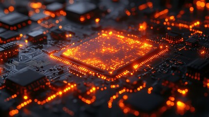Abstract close-up view of a glowing circuit board with intricate patterns, illuminated components, and vibrant orange light creating a futuristic technological landscape