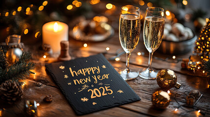 “happy new year 2025” - greeting card - black slate board with golden english text. christmas decoration on rustic wood with champagne glasses and golden lights from fireworks in background