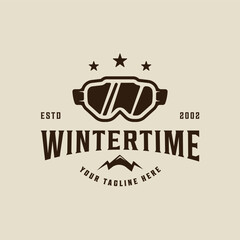Obraz premium winter goggles logo vintage vector illustration template icon graphic design. winter equipment sign or symbol for ski sport or shop rental business with retro style concept