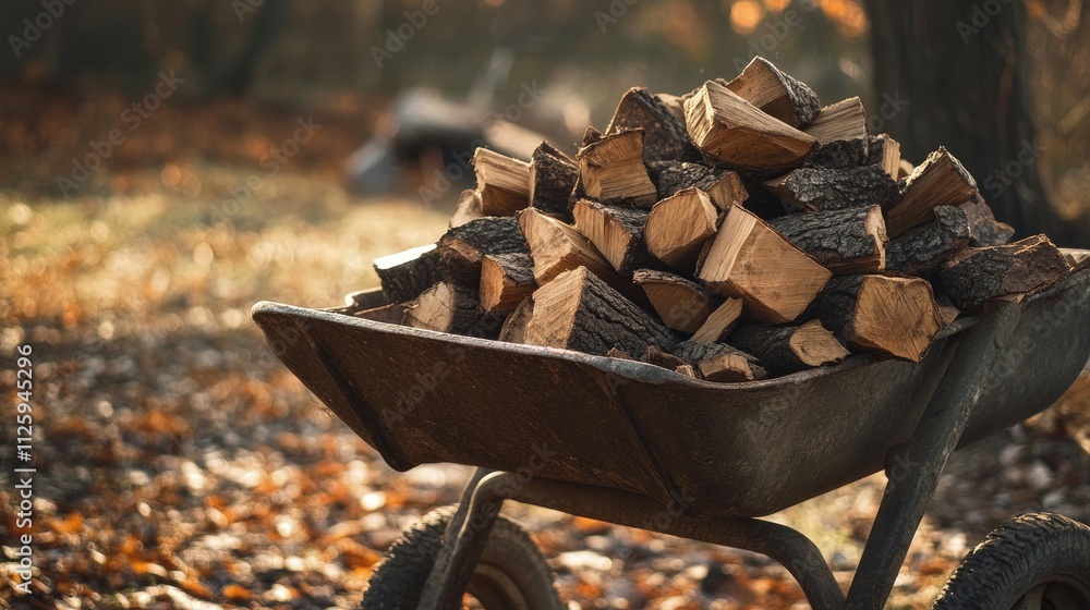 Poster a close-up of a rustic wheelbarrow loaded with firewood, set against a peaceful natural background, 