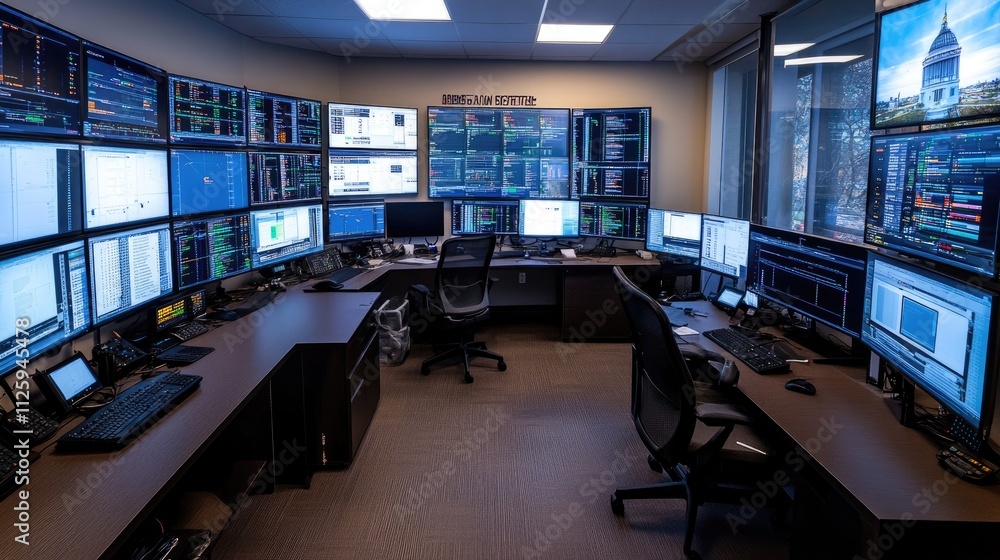 Aufkleber A command center with multiple high-tech screens and surveillance, showcasing a busy operation monitoring various systems.