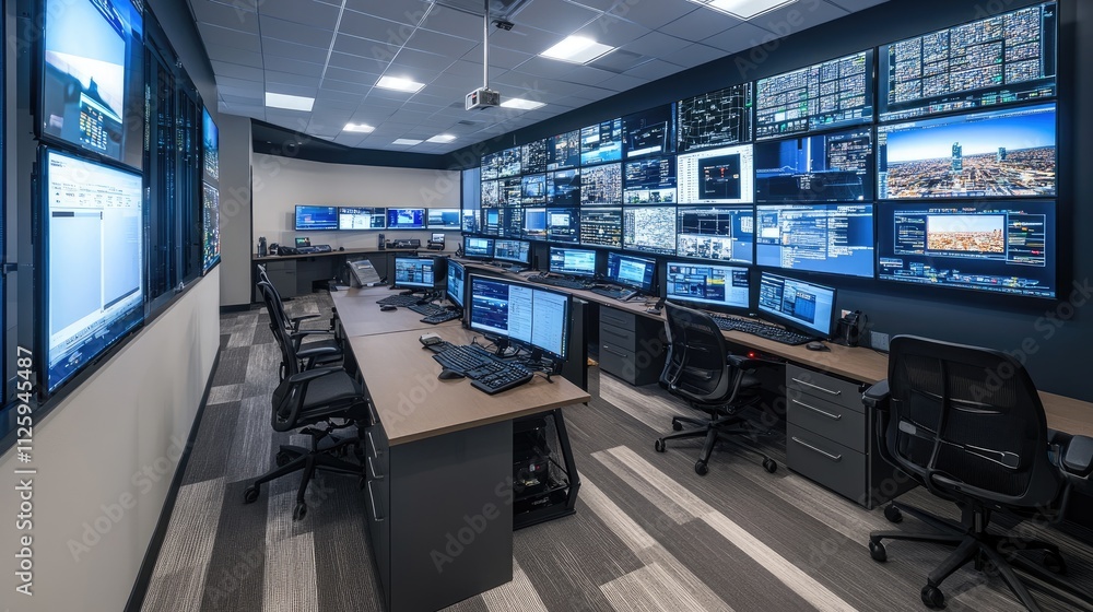 Poster A command center with multiple high-tech screens and surveillance, showcasing a busy operation monitoring various systems.