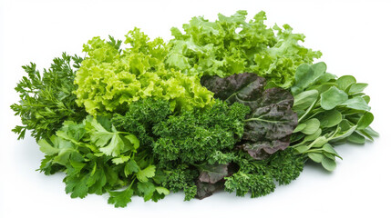 Obraz premium Fresh herbs and greens arranged beautifully on white background