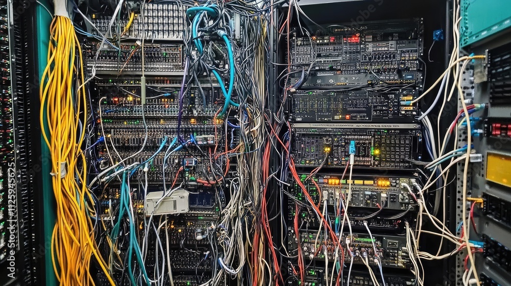 Aufkleber A complex IT network setup with multiple servers, data cables, and high-tech equipment in a server room.