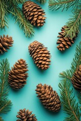 Fototapeta premium Pine Cones on Blue Background
