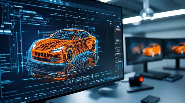 A team of automotive engineers surrounded by holographic electric vehicle models